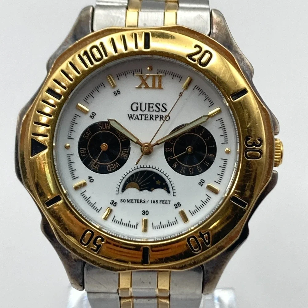 Guess Waterpro Men's Watch Sun Moon 39mm Gold Silver Tone Day Date New Battery